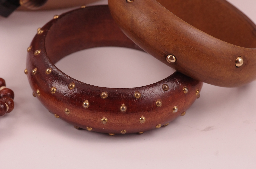 Collection of Wood Bangle Bracelets with Beaded Necklace