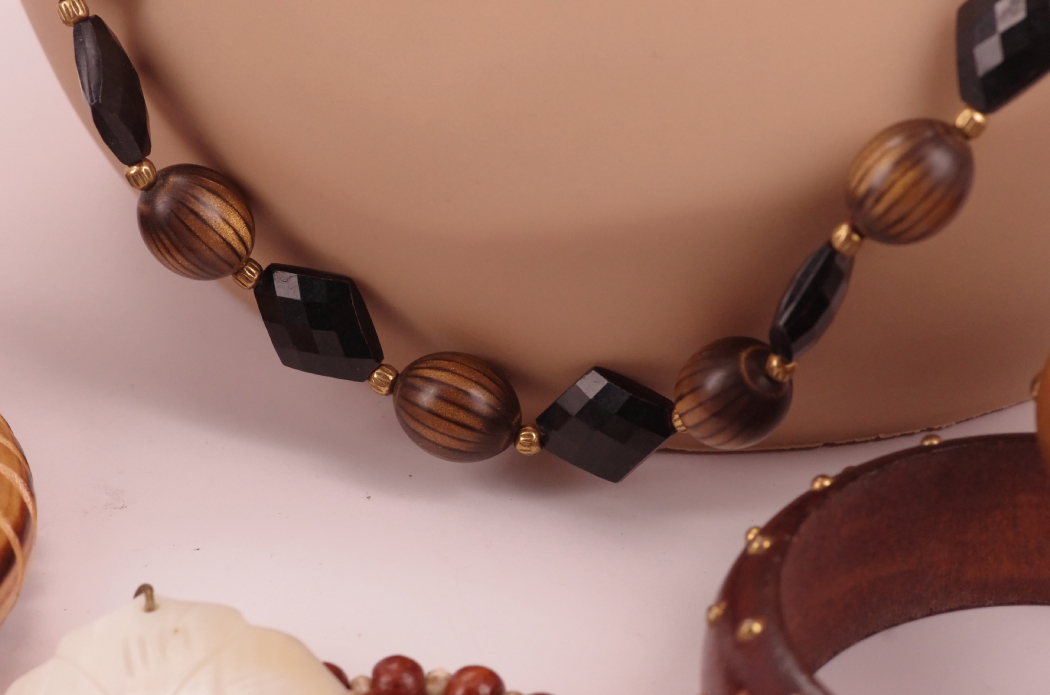 Collection of Wood Bangle Bracelets with Beaded Necklace