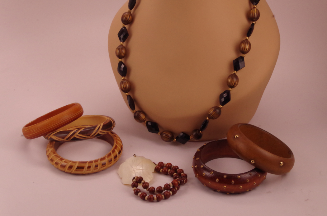 Collection of Wood Bangle Bracelets with Beaded Necklace