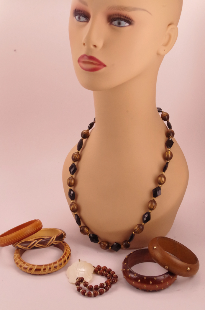 Collection of Wood Bangle Bracelets with Beaded Necklace