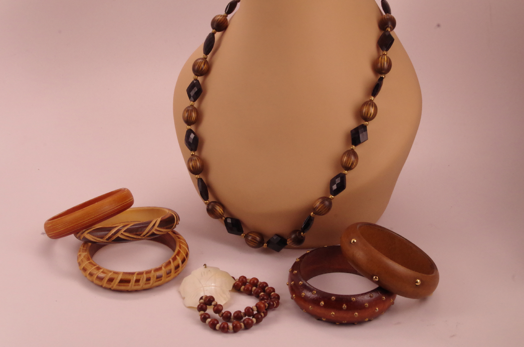 Collection of Wood Bangle Bracelets with Beaded Necklace