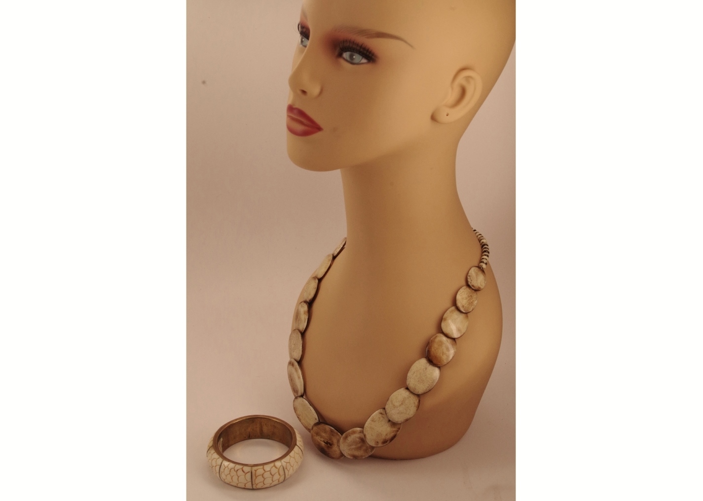 Polished Wood Bead Necklace with Coordinating Inlay Bracelet