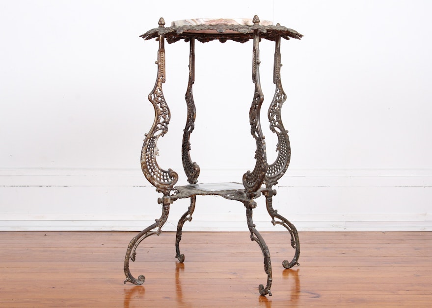Ornate Cast Metal Plant Stand with Marble Top