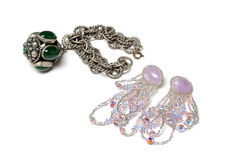 Lavender Quartz Earrings and Green Glass Bracelet