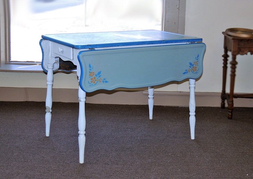 Vintage Enamel Aluminum Top Drop Leaf Table