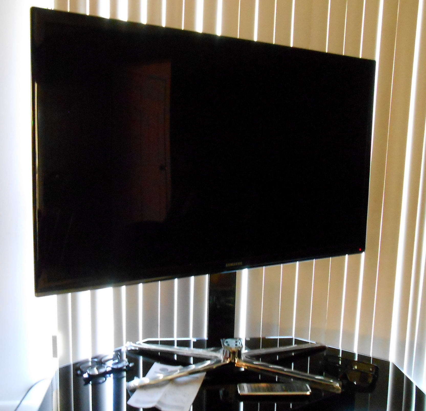 Samsung 3D LED HDTV, Blue Ray Disc Player, Glass Stand and More