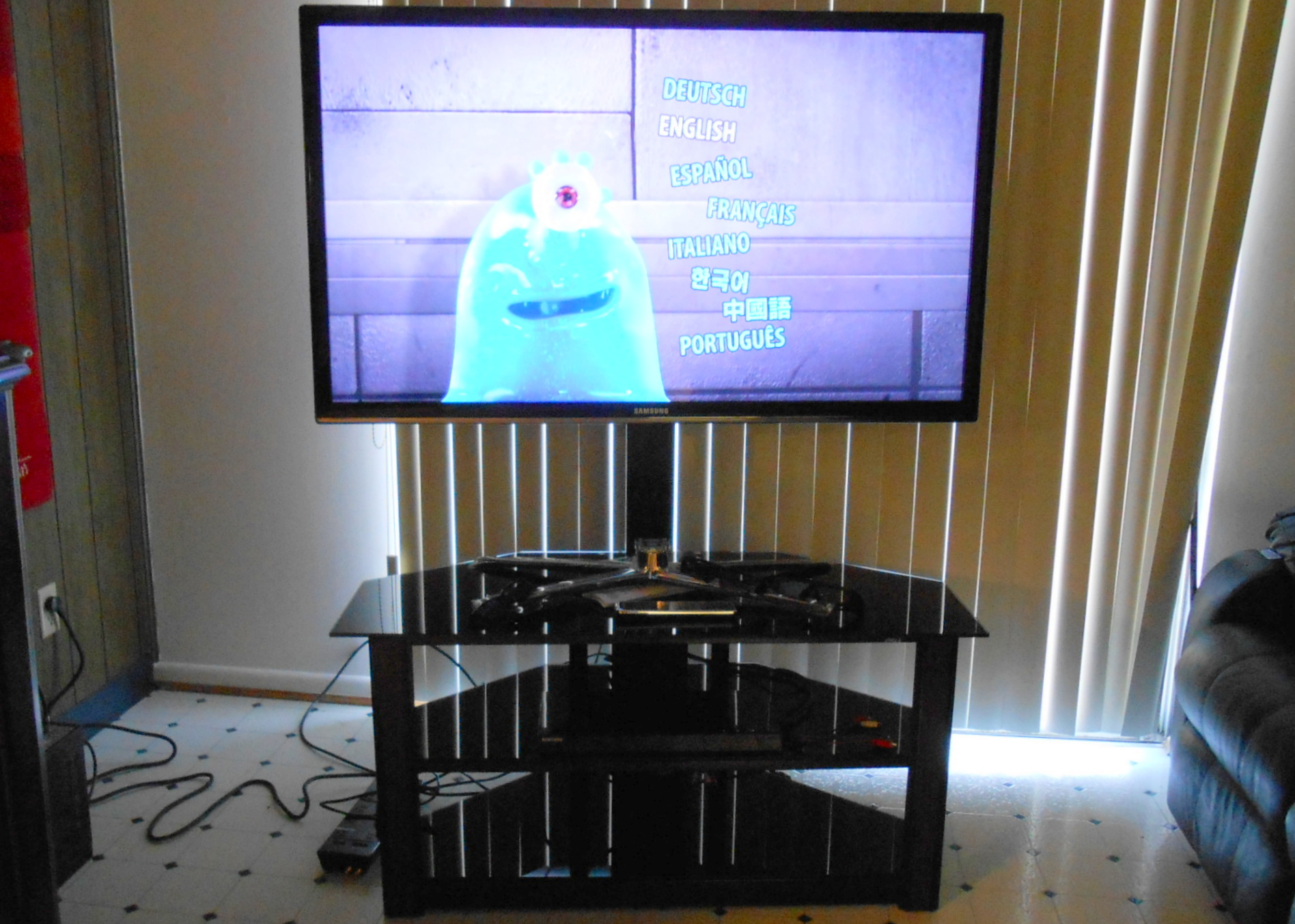 Samsung 3D LED HDTV, Blue Ray Disc Player, Glass Stand and More