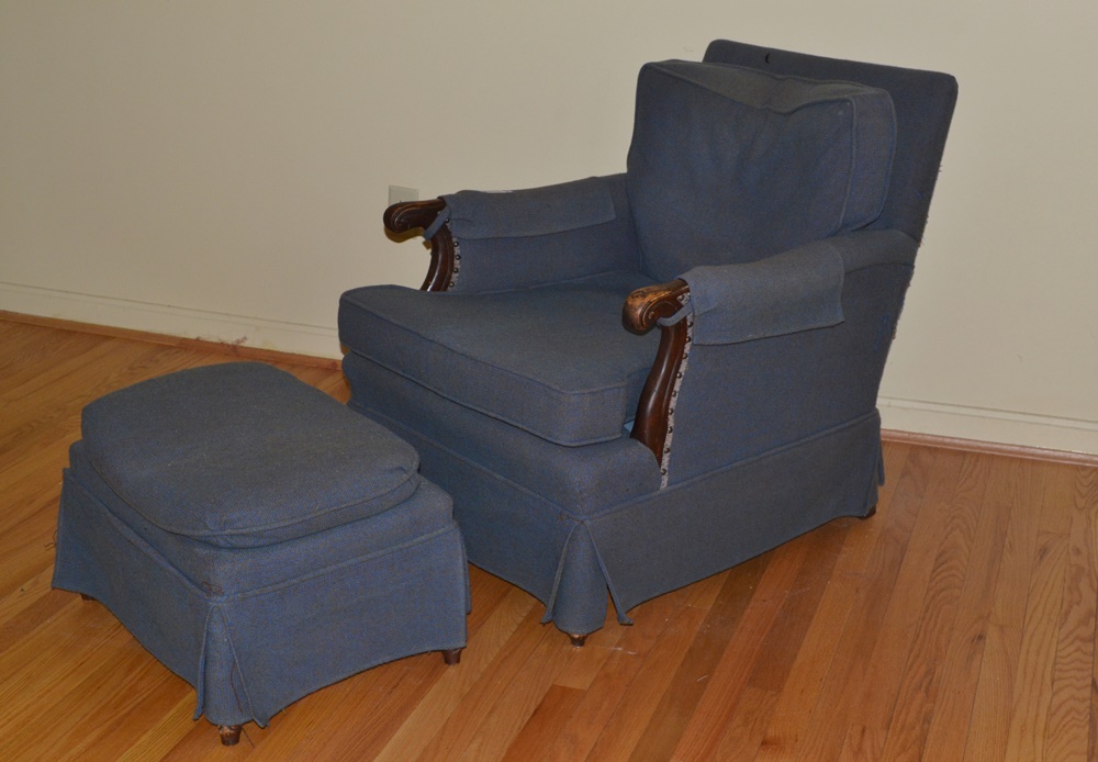 Vintage Upholstered Easy Chair & Ottoman