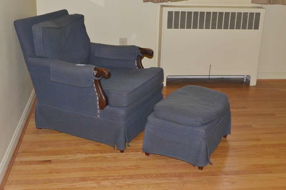 Vintage Upholstered Easy Chair & Ottoman
