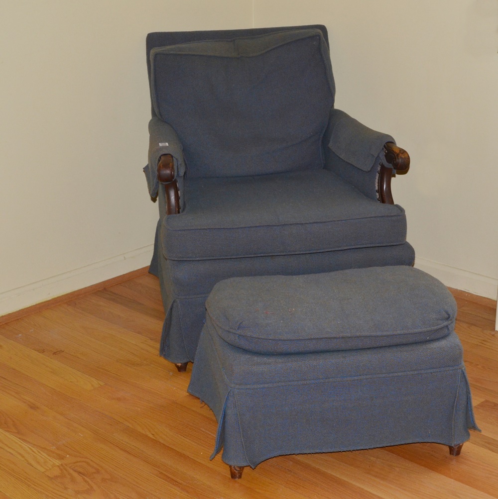 Vintage Upholstered Easy Chair & Ottoman