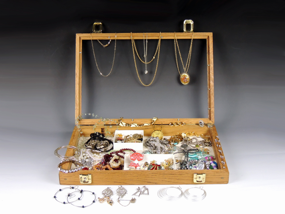 Large Assortment of Costume Jewelry with Display Case