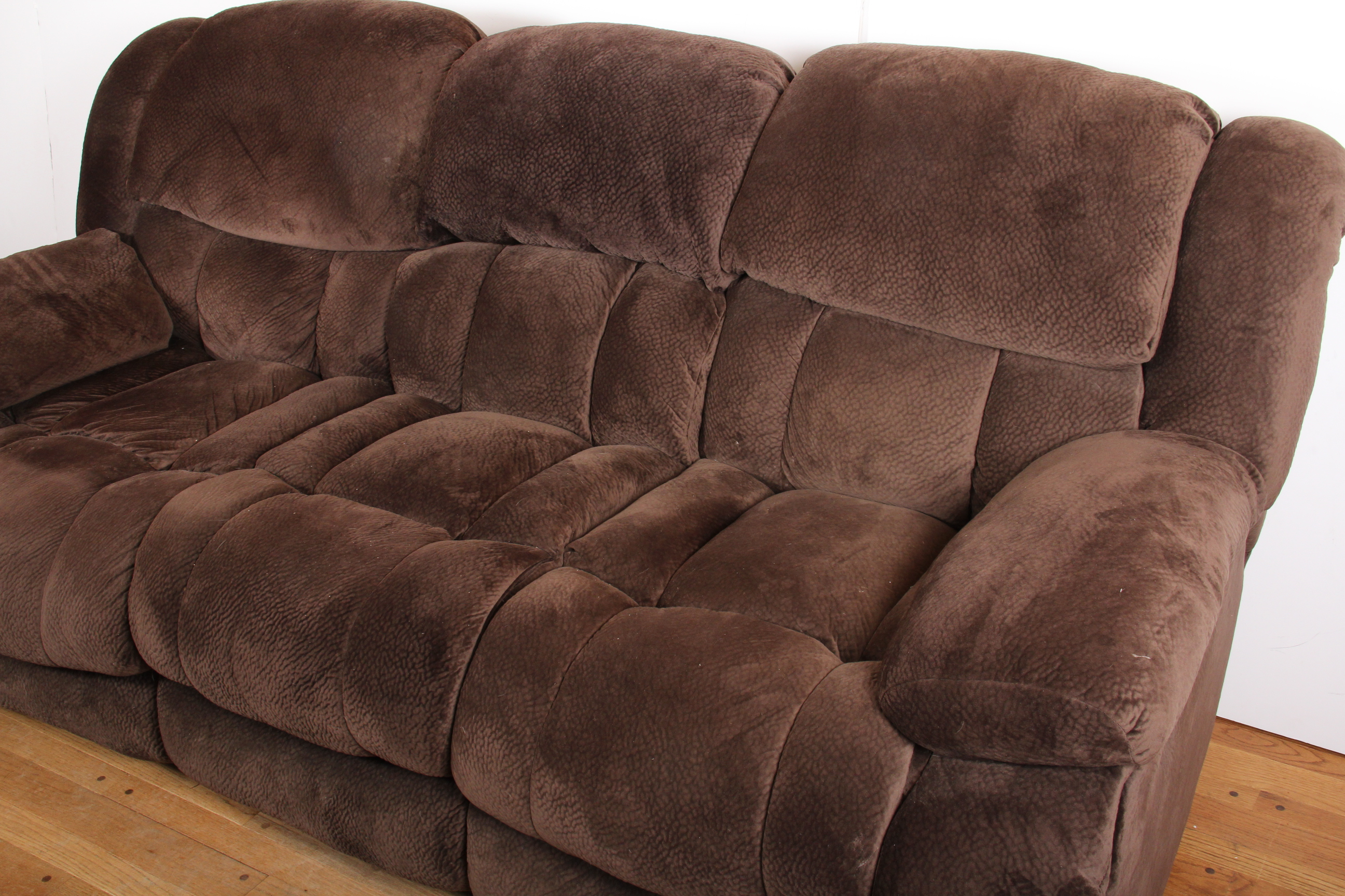 Overstuffed Brown Plush Microfiber Reclining Sofa