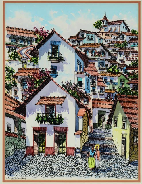 Original Spanish Village Scene Watercolor Painting