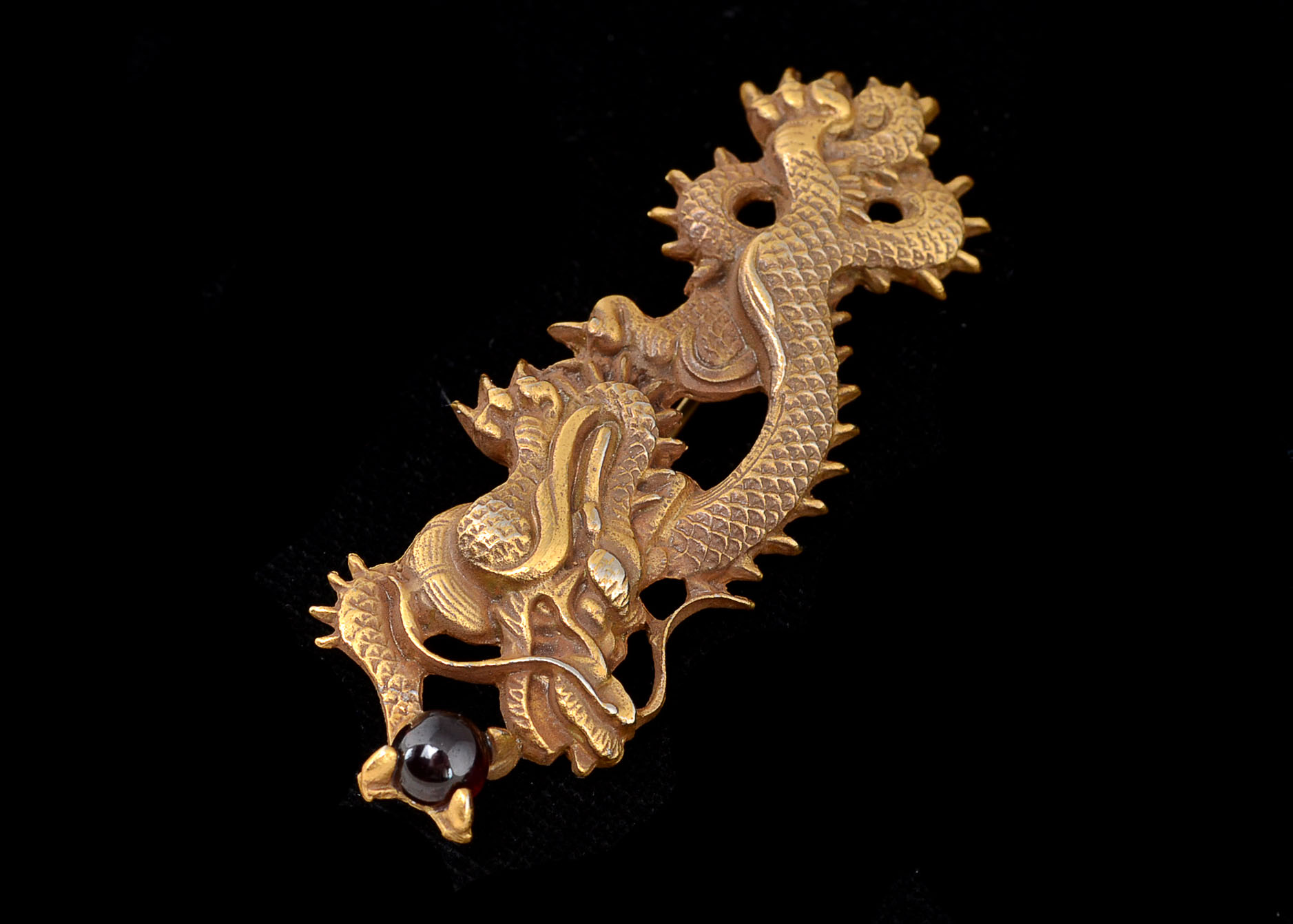 Vintage Gold Tone Chinese Dragon Pin with Garnet