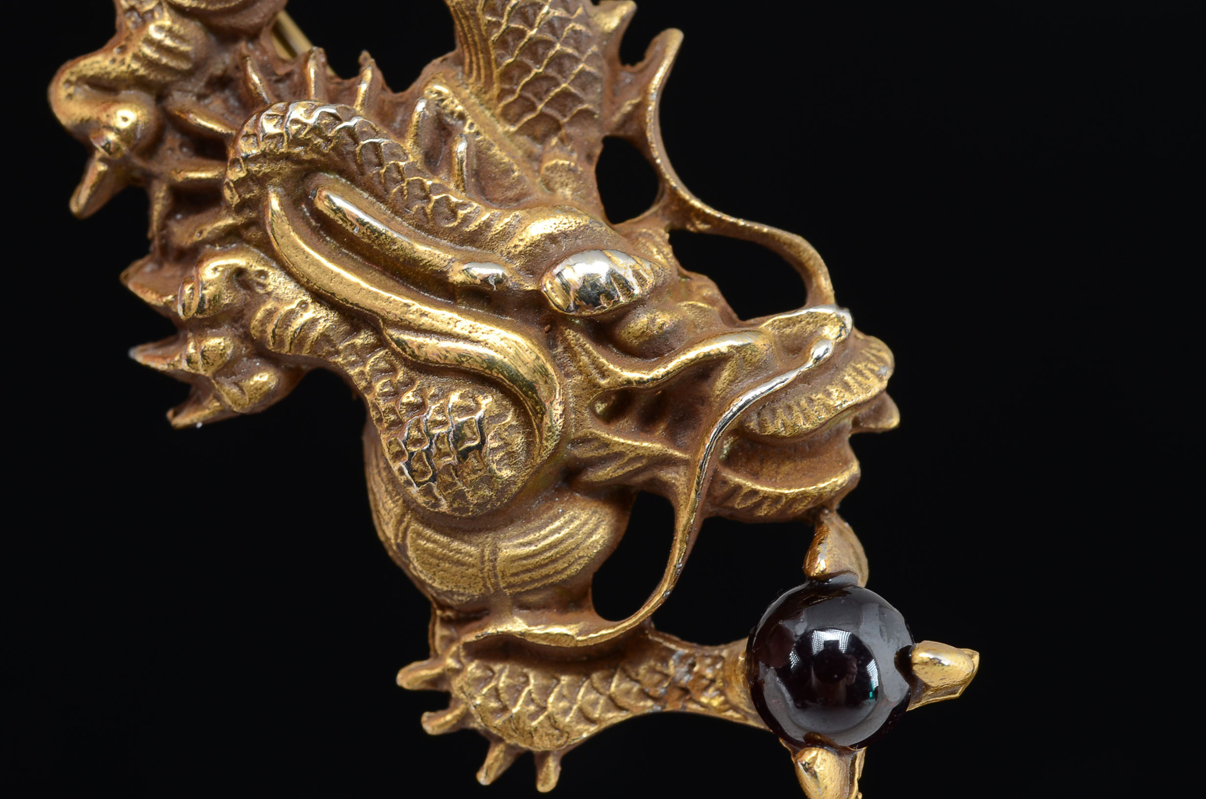 Vintage Gold Tone Chinese Dragon Pin with Garnet