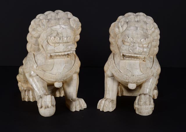 Pair of 19th Century Chinese Carved Bone Shishi Guardian Lions