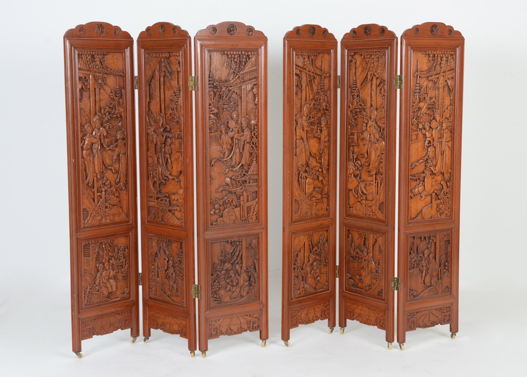 Pair of Vintage Chinese Three Panel Hand-Carved Wooden Screens
