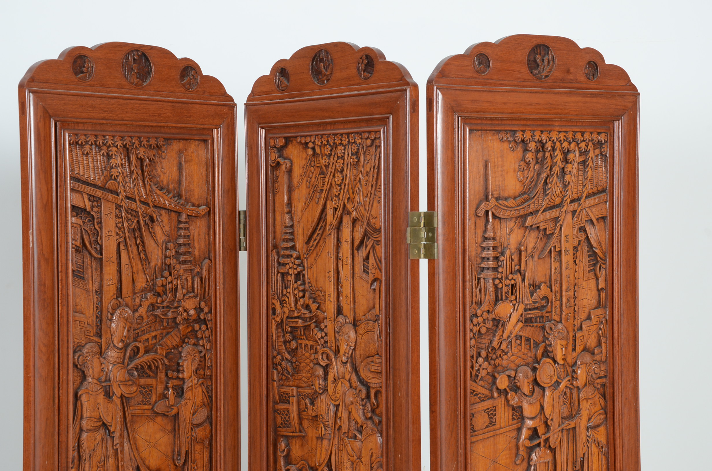 Pair of Vintage Chinese Three Panel Hand-Carved Wooden Screens