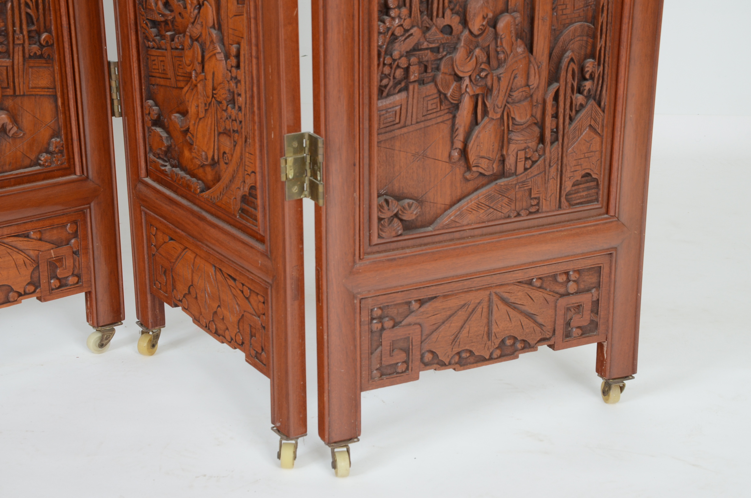 Pair of Vintage Chinese Three Panel Hand-Carved Wooden Screens