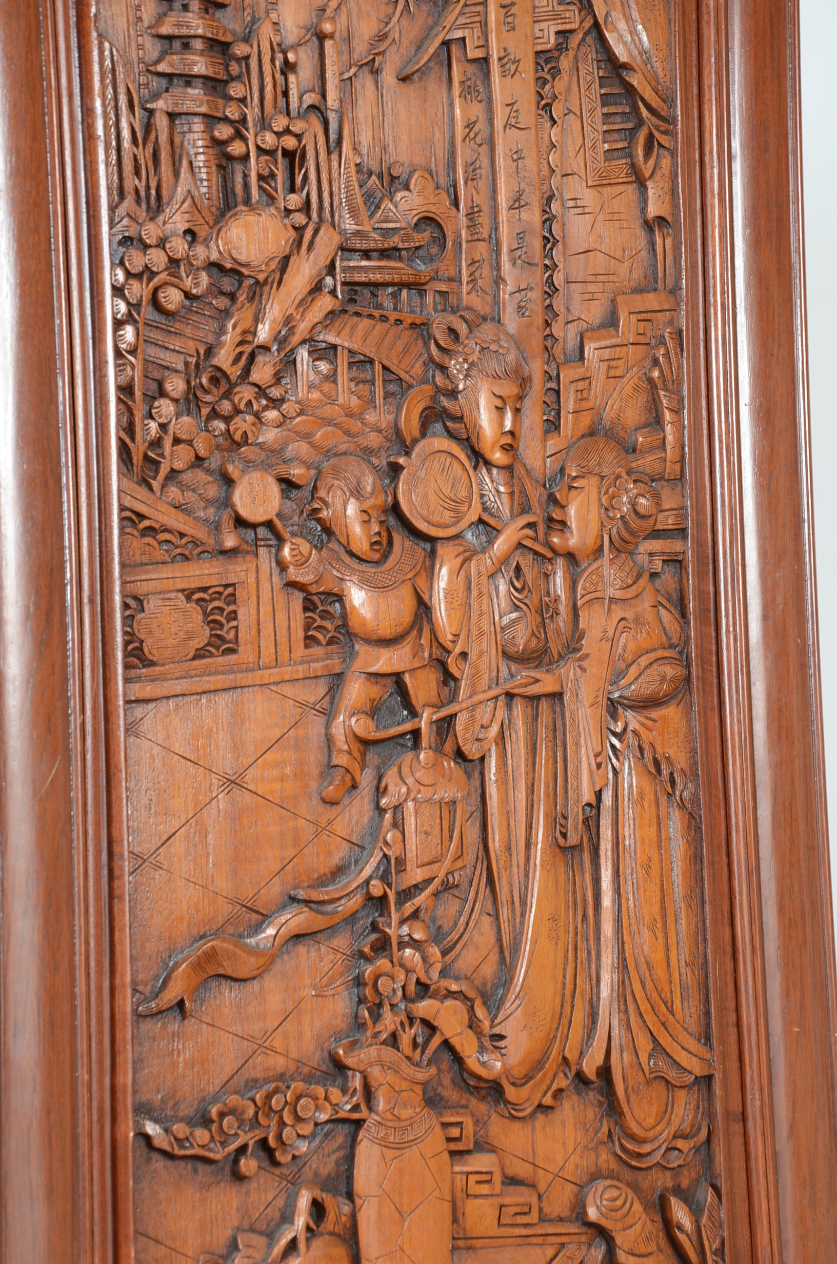 Pair of Vintage Chinese Three Panel Hand-Carved Wooden Screens