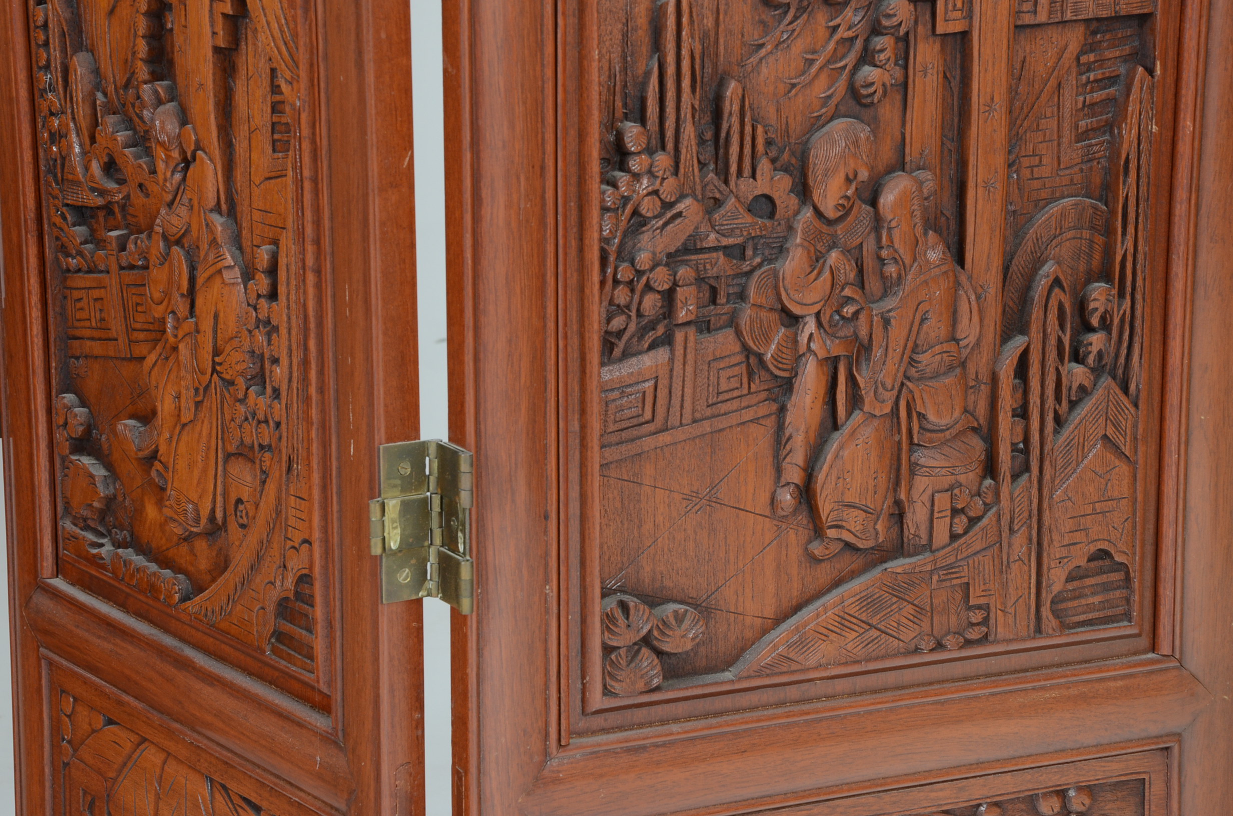 Pair of Vintage Chinese Three Panel Hand-Carved Wooden Screens