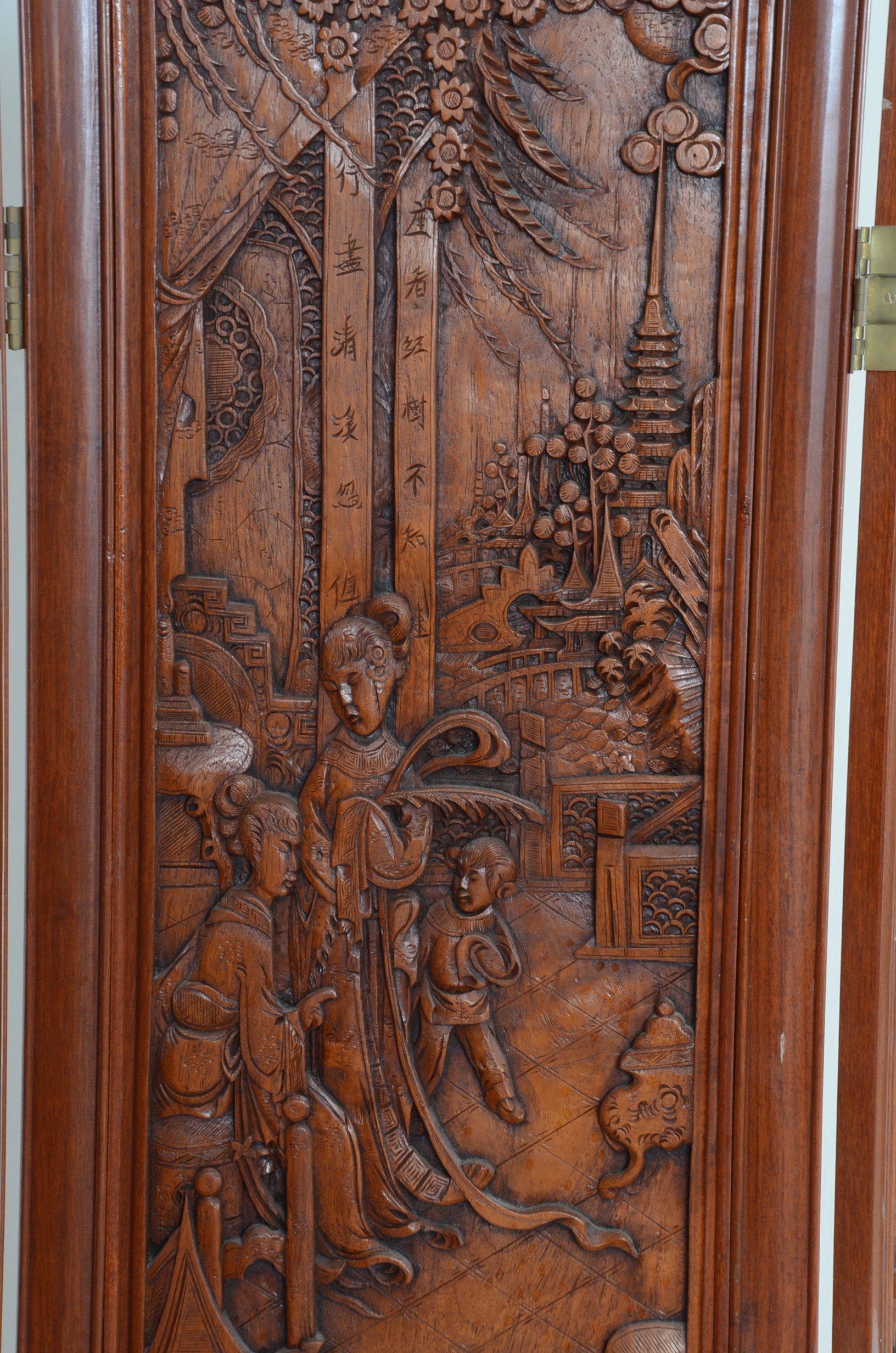 Pair of Vintage Chinese Three Panel Hand-Carved Wooden Screens