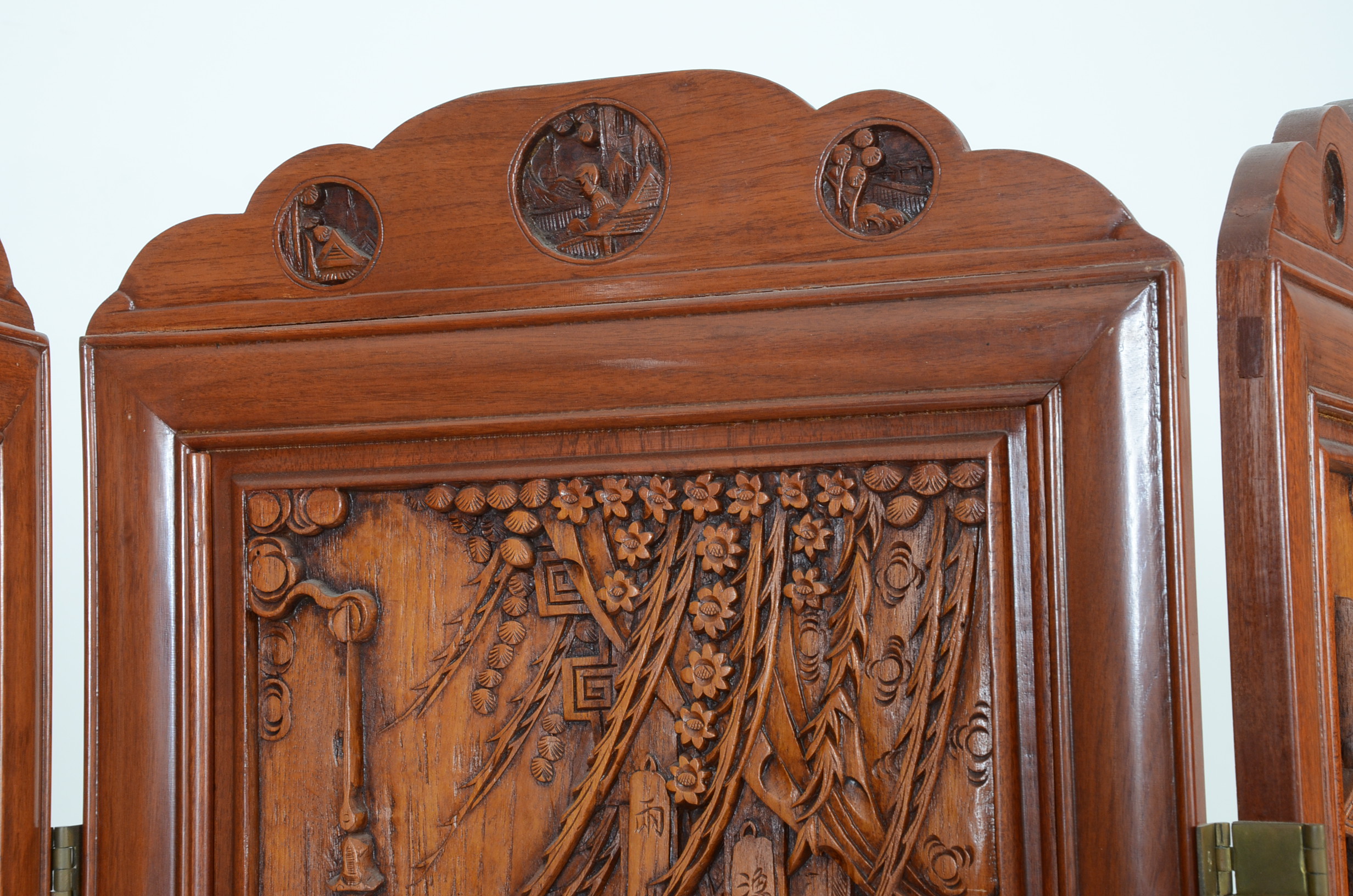 Pair of Vintage Chinese Three Panel Hand-Carved Wooden Screens