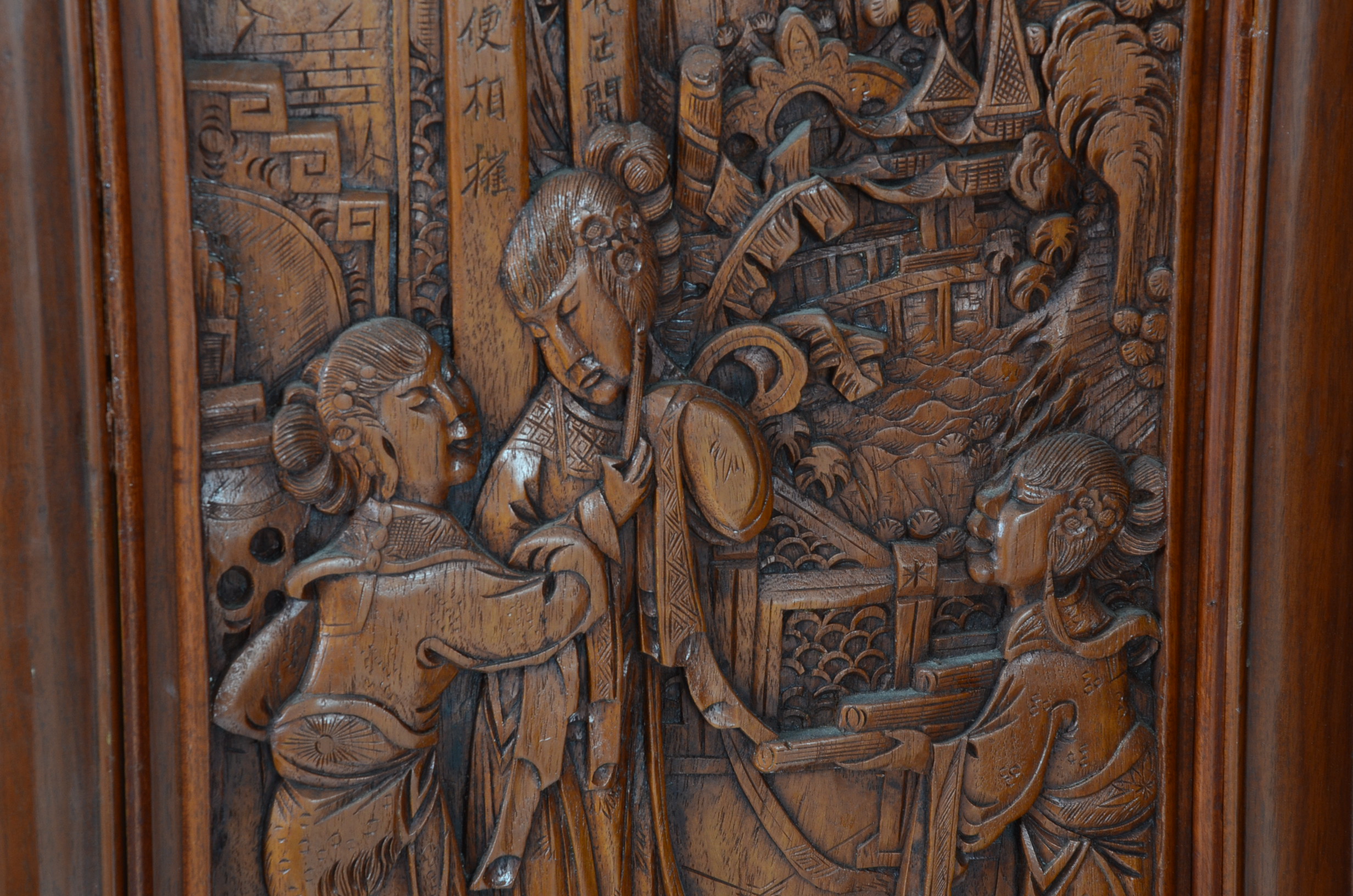 Pair of Vintage Chinese Three Panel Hand-Carved Wooden Screens