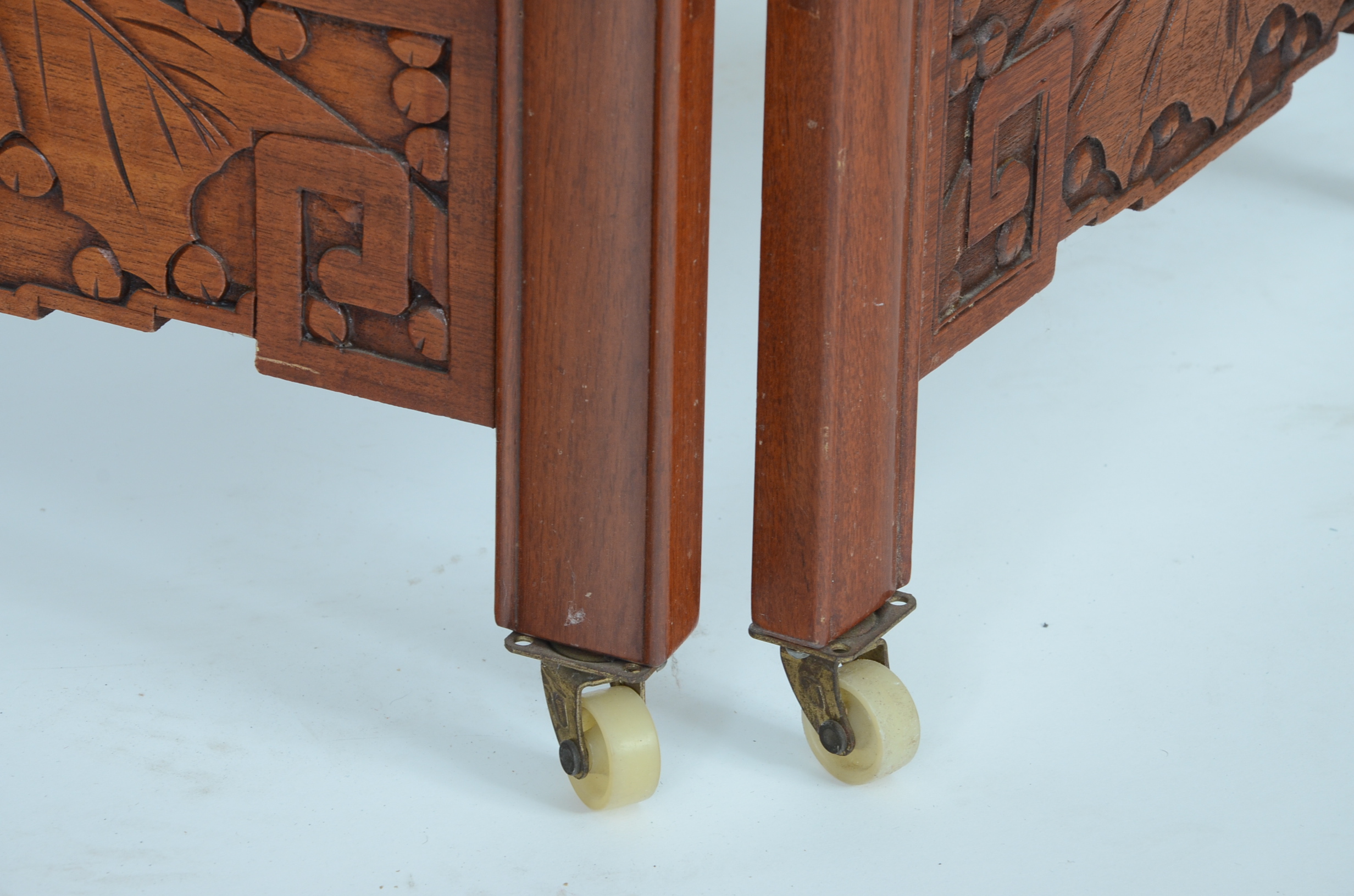 Pair of Vintage Chinese Three Panel Hand-Carved Wooden Screens