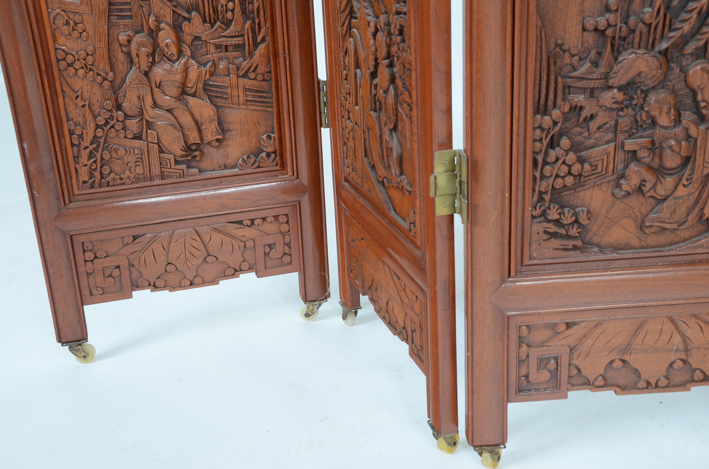 Pair of Vintage Chinese Three Panel Hand-Carved Wooden Screens