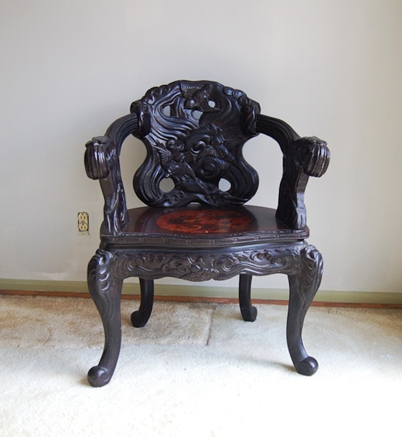 Antique Japanese Carved Bird and Dragon Armchair (Circa 1900s)