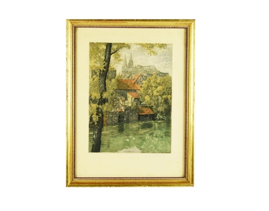 Hand Colored Etching by French Artist De La Broye