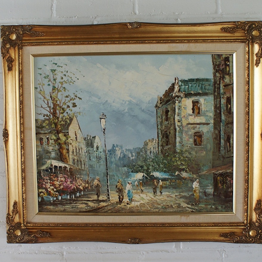 Original Oil on Canvas of Parisian Street Scene by Burnet