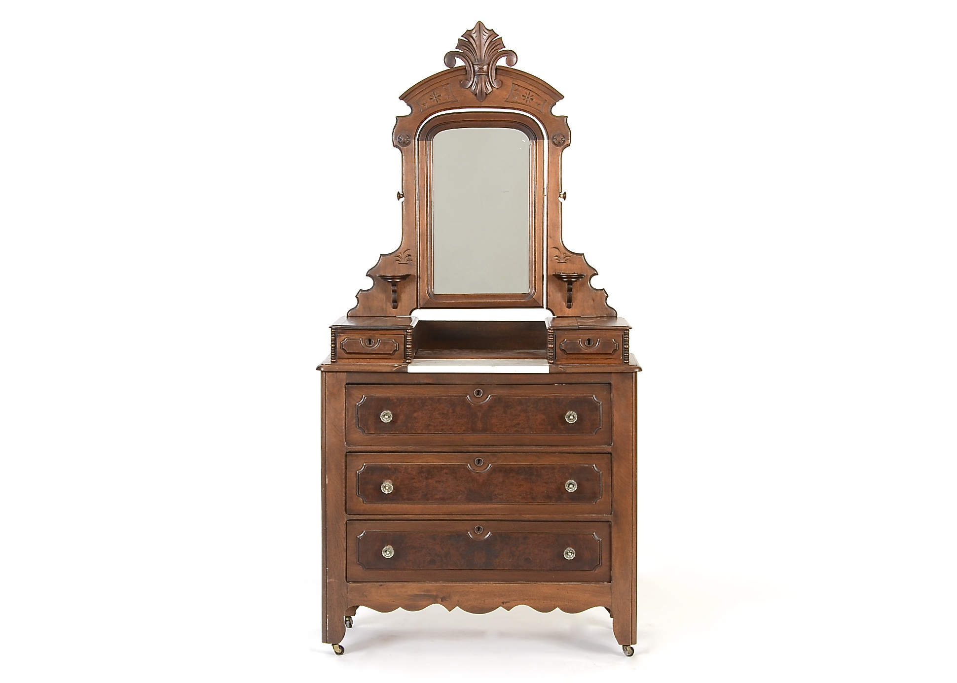 Walnut and Burl Victorian Dresser with Mirror