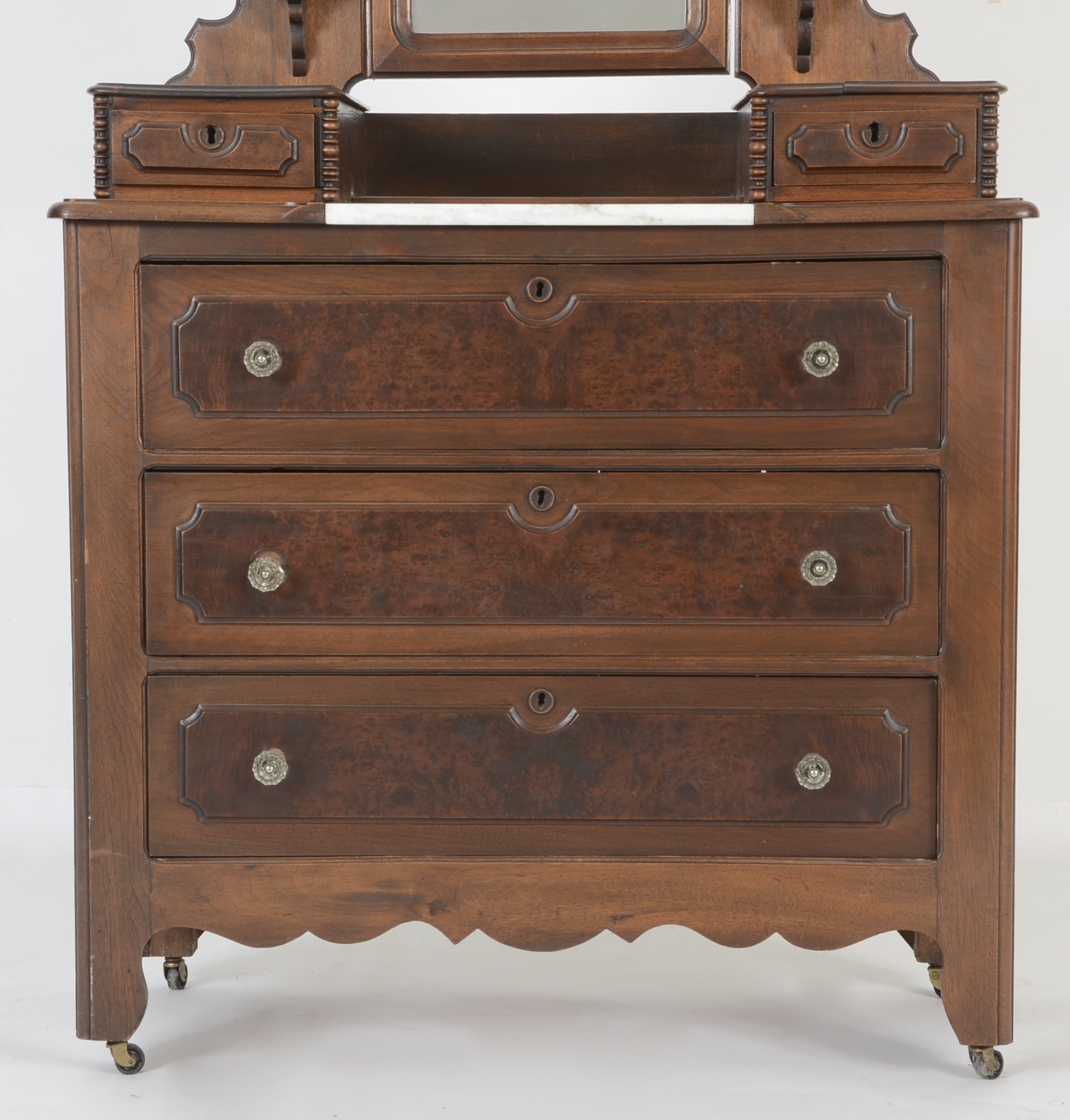 Walnut and Burl Victorian Dresser with Mirror