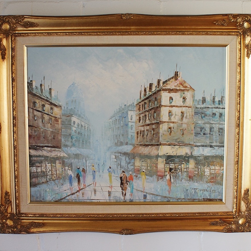 T. Crawley Oil on Canvas of Parisian Street Scene