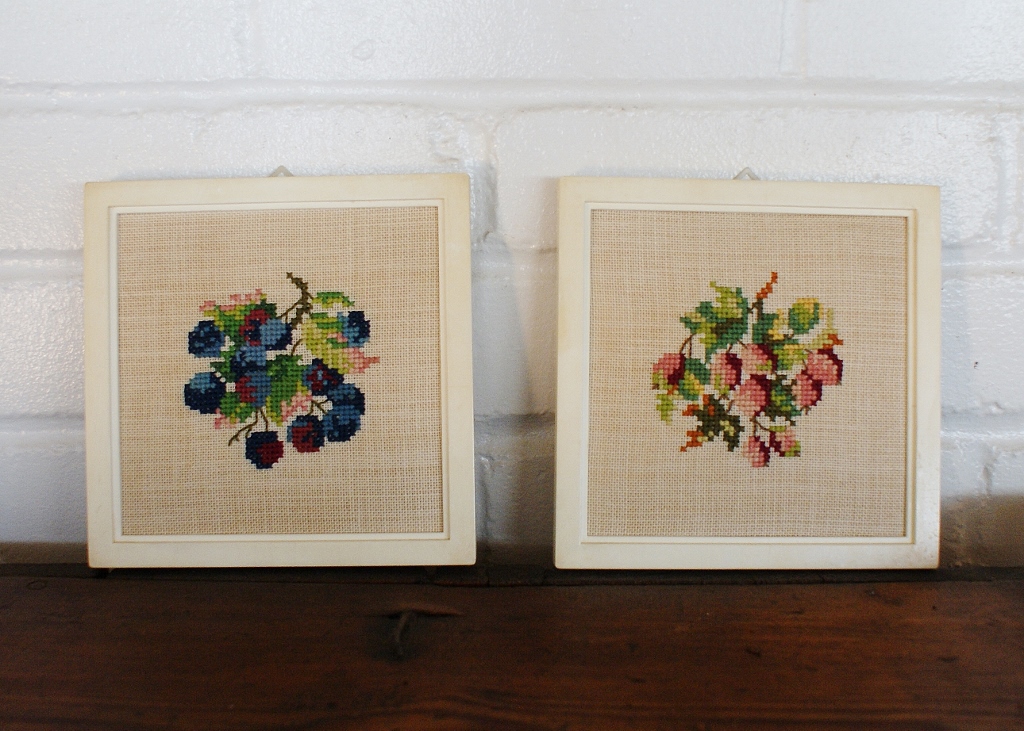 Vintage Square Berries Needle Point Pair
