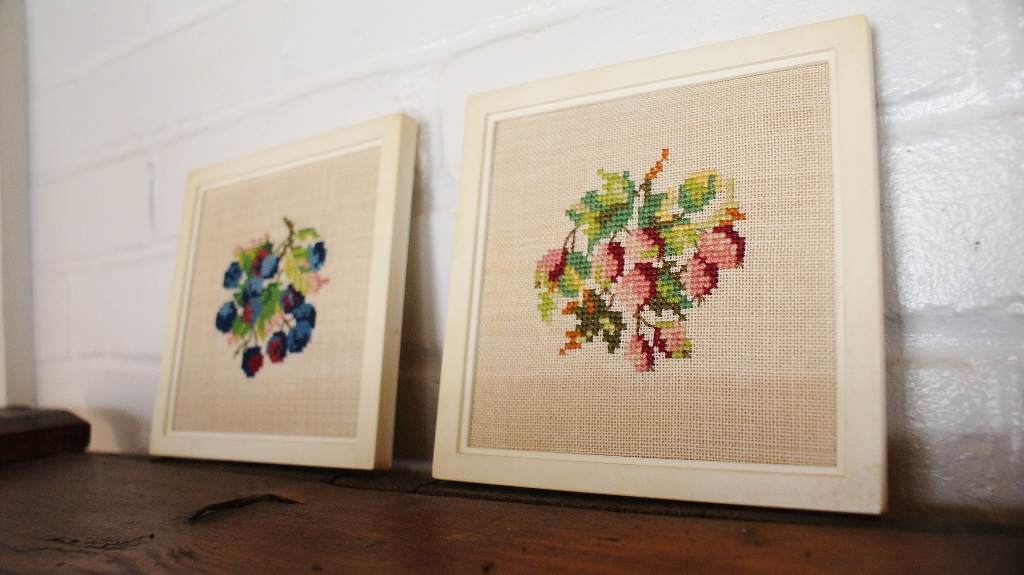 Vintage Square Berries Needle Point Pair