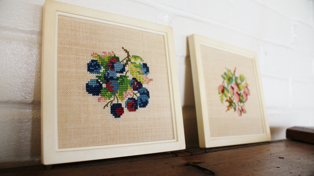 Vintage Square Berries Needle Point Pair