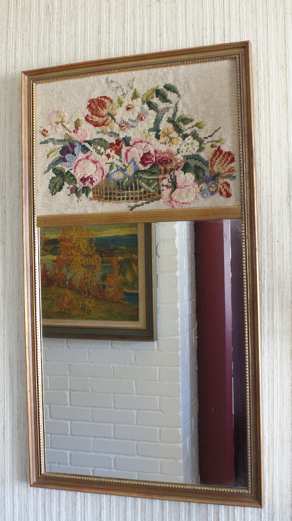 Vintage Brass Needlepoint Hall Mirror