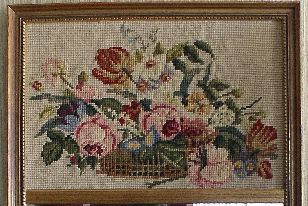 Vintage Brass Needlepoint Hall Mirror