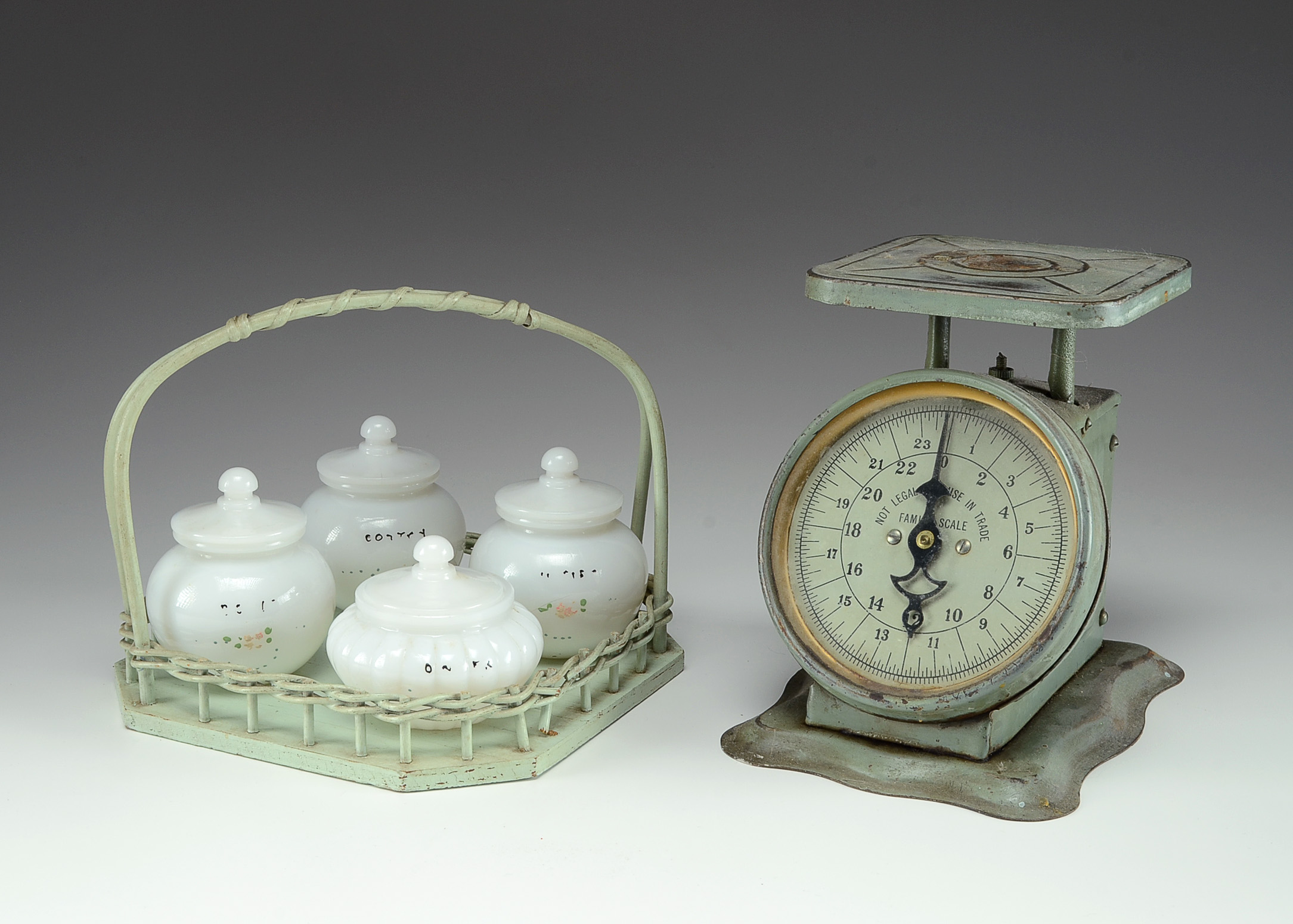 Vintage Family Scale and Milk Glass Condiment Set