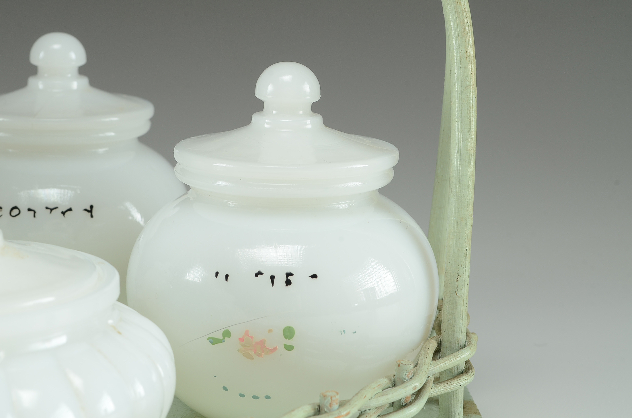 Vintage Family Scale and Milk Glass Condiment Set