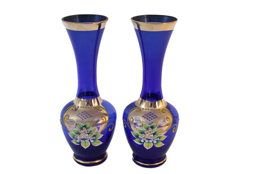 Pair of Cobalt Blue Enamel Gold Trim Hand-Painted Vases