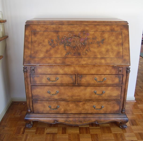 Secretary Desk With Floral Motif and Mottled Finish