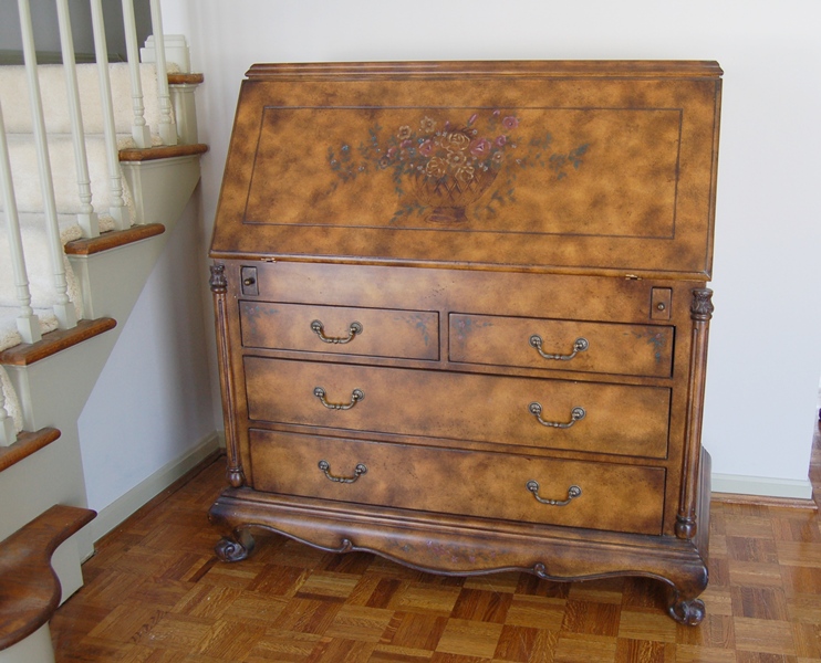 Secretary Desk With Floral Motif and Mottled Finish