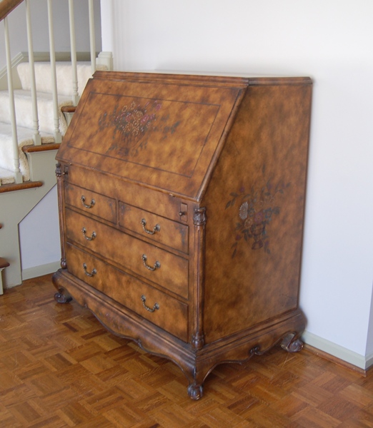 Secretary Desk With Floral Motif and Mottled Finish