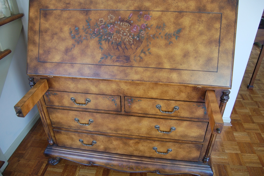 Secretary Desk With Floral Motif and Mottled Finish