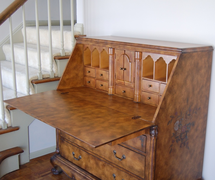 Secretary Desk With Floral Motif and Mottled Finish