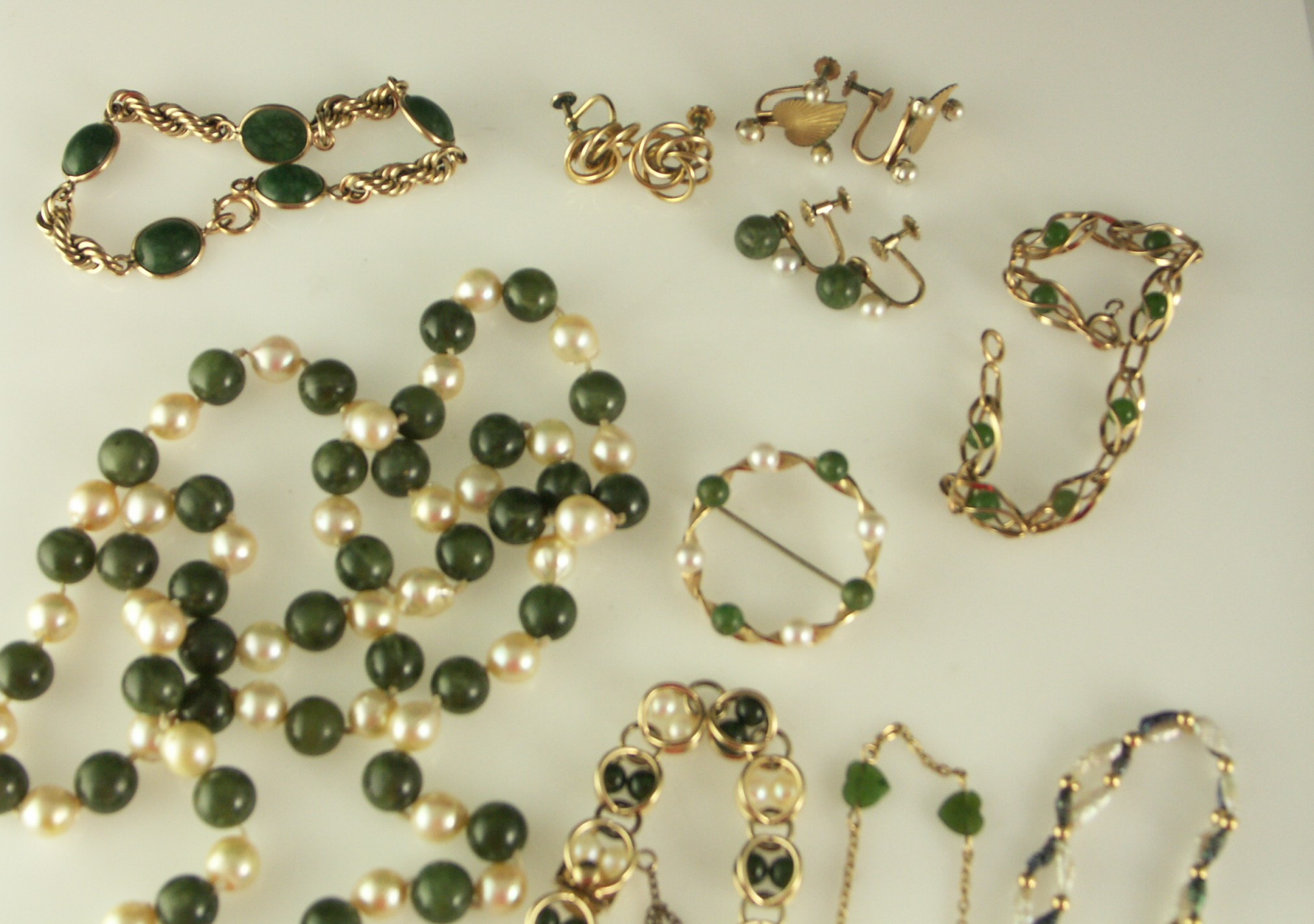Vintage Green and Pearl Necklace, with Similar-Tone Pieces
